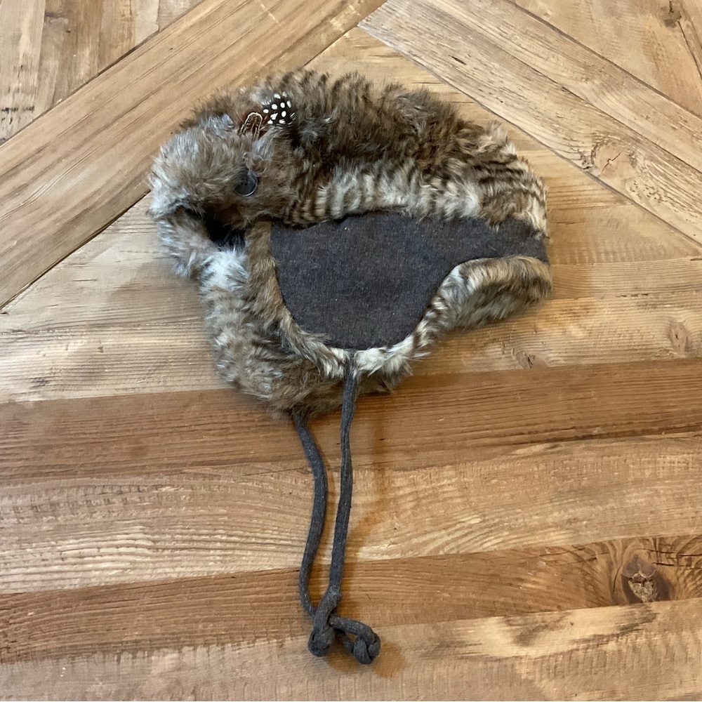 Nobis Unisex Faux Fur Trapper Hat Charcoal Wool Blend Feather‎ Accent O/S